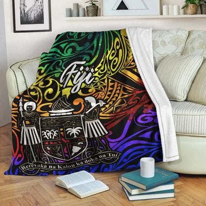Fiji Premium Blanket - Rainbow Polynesian Pattern Crest-Myprintsy