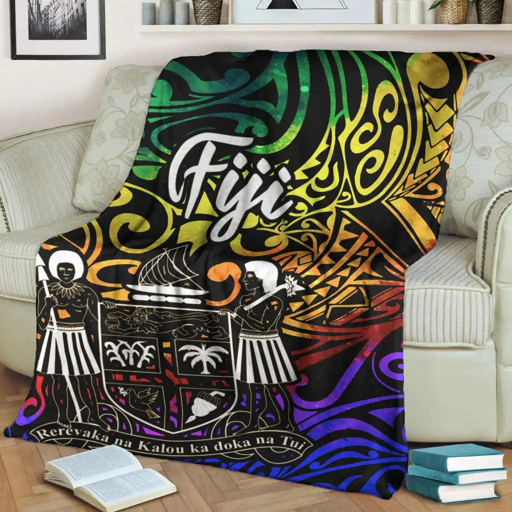 Fiji Premium Blanket - Rainbow Polynesian Pattern Crest-Myprintsy