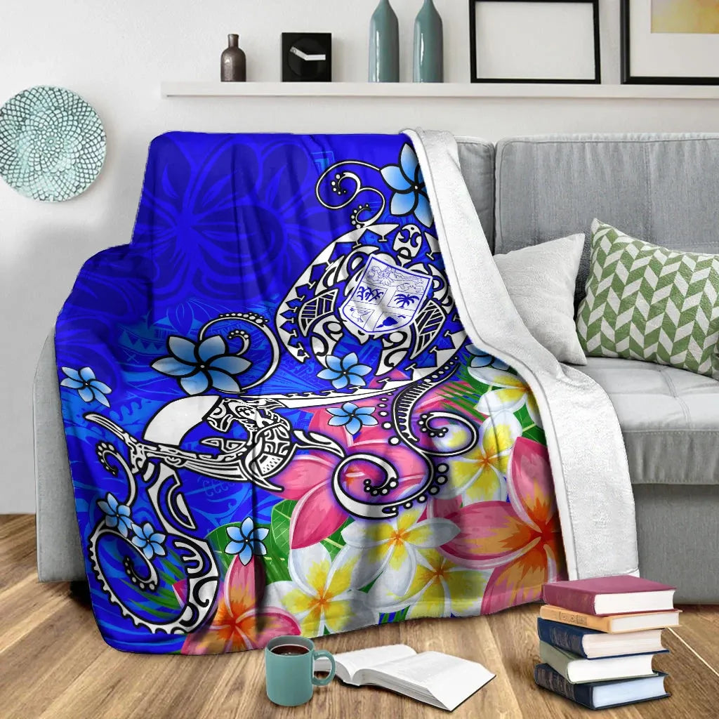 Fiji Premium Blanket - Turtle Plumeria (Blue)-Myprintsy