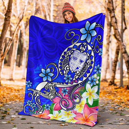 Fiji Premium Blanket - Turtle Plumeria (Blue)-Myprintsy