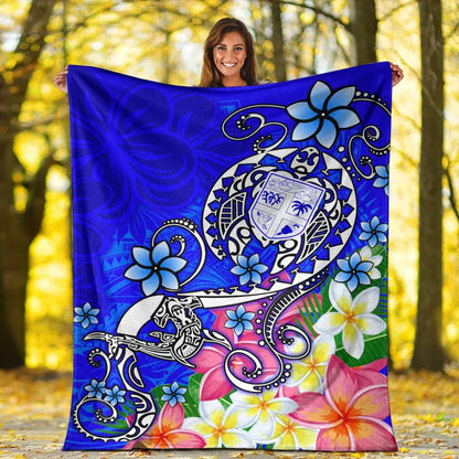 Fiji Premium Blanket - Turtle Plumeria (Blue)-Myprintsy