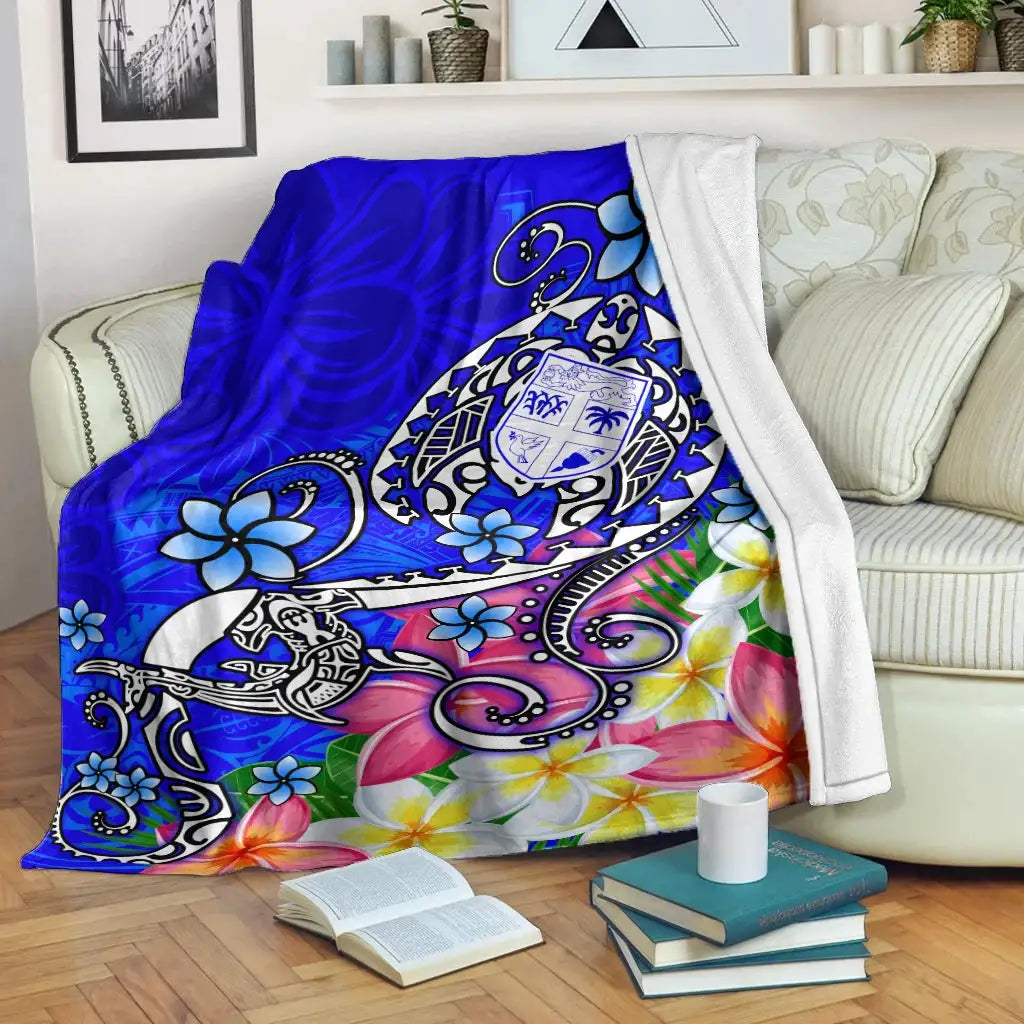 Fiji Premium Blanket - Turtle Plumeria (Blue)-Myprintsy