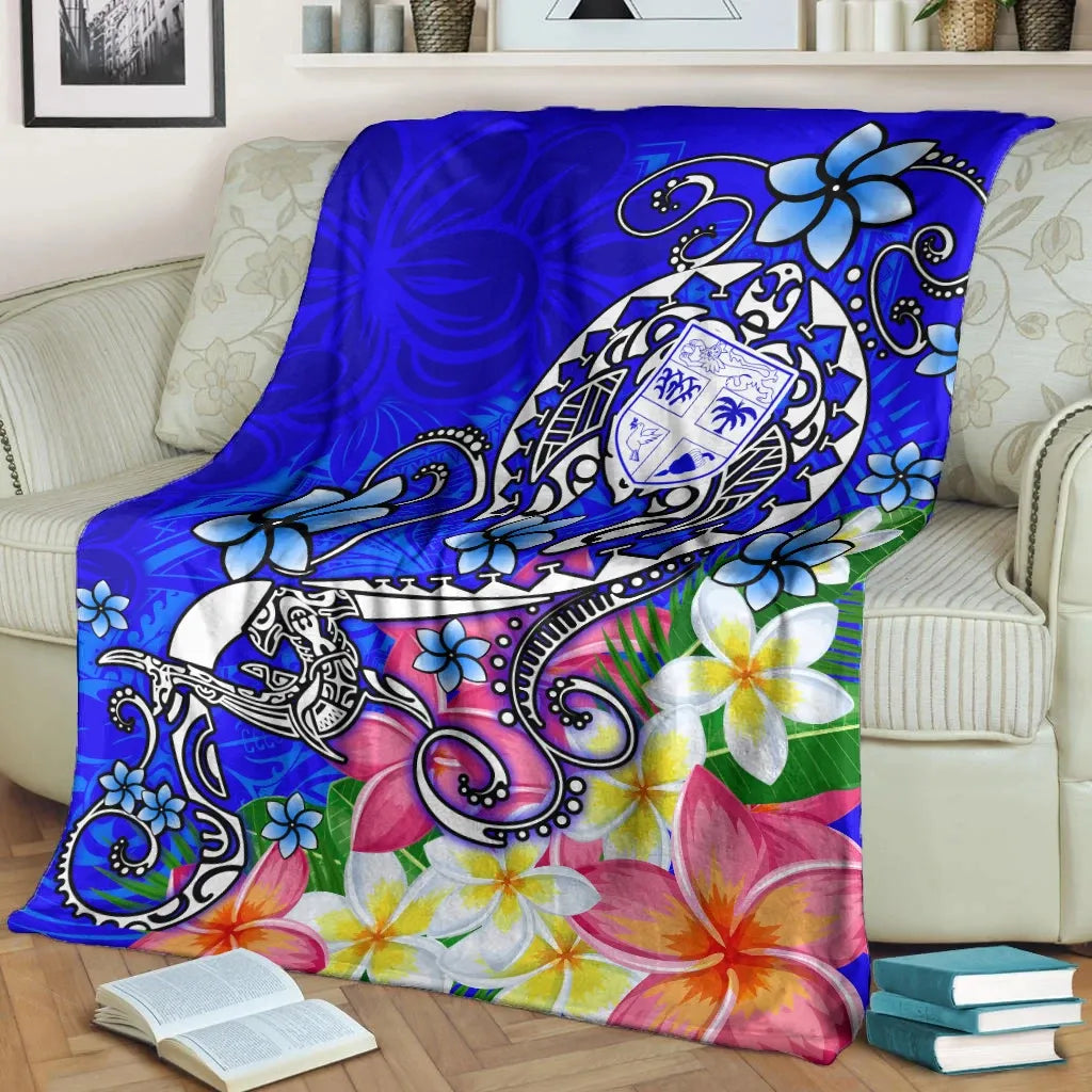 Fiji Premium Blanket - Turtle Plumeria (Blue)-Myprintsy