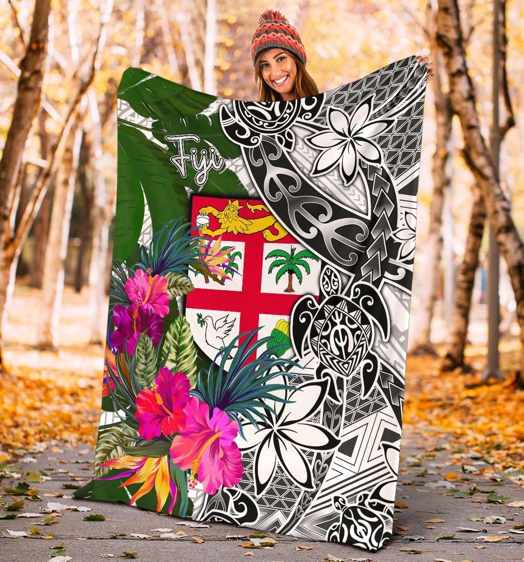 Fiji Premium Blanket White - Turtle Plumeria Banana Leaf-Myprintsy