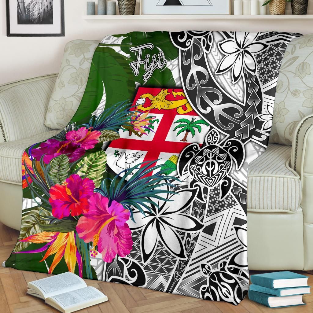 Fiji Premium Blanket White - Turtle Plumeria Banana Leaf-Myprintsy