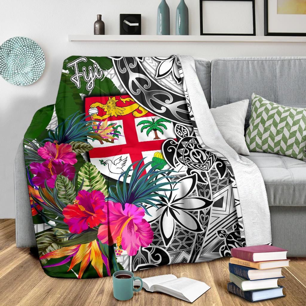 Fiji Premium Blanket White - Turtle Plumeria Banana Leaf-Myprintsy