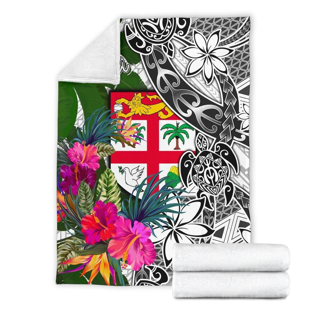 Fiji Premium Blanket White - Turtle Plumeria Banana Leaf-Myprintsy