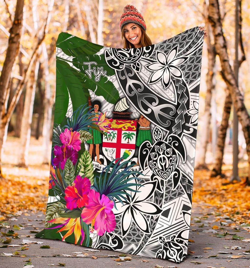 Fiji Premium Blanket White - Turtle Plumeria Banana Leaf Crest-Myprintsy