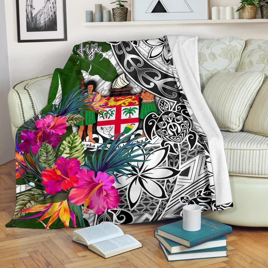 Fiji Premium Blanket White - Turtle Plumeria Banana Leaf Crest-Myprintsy