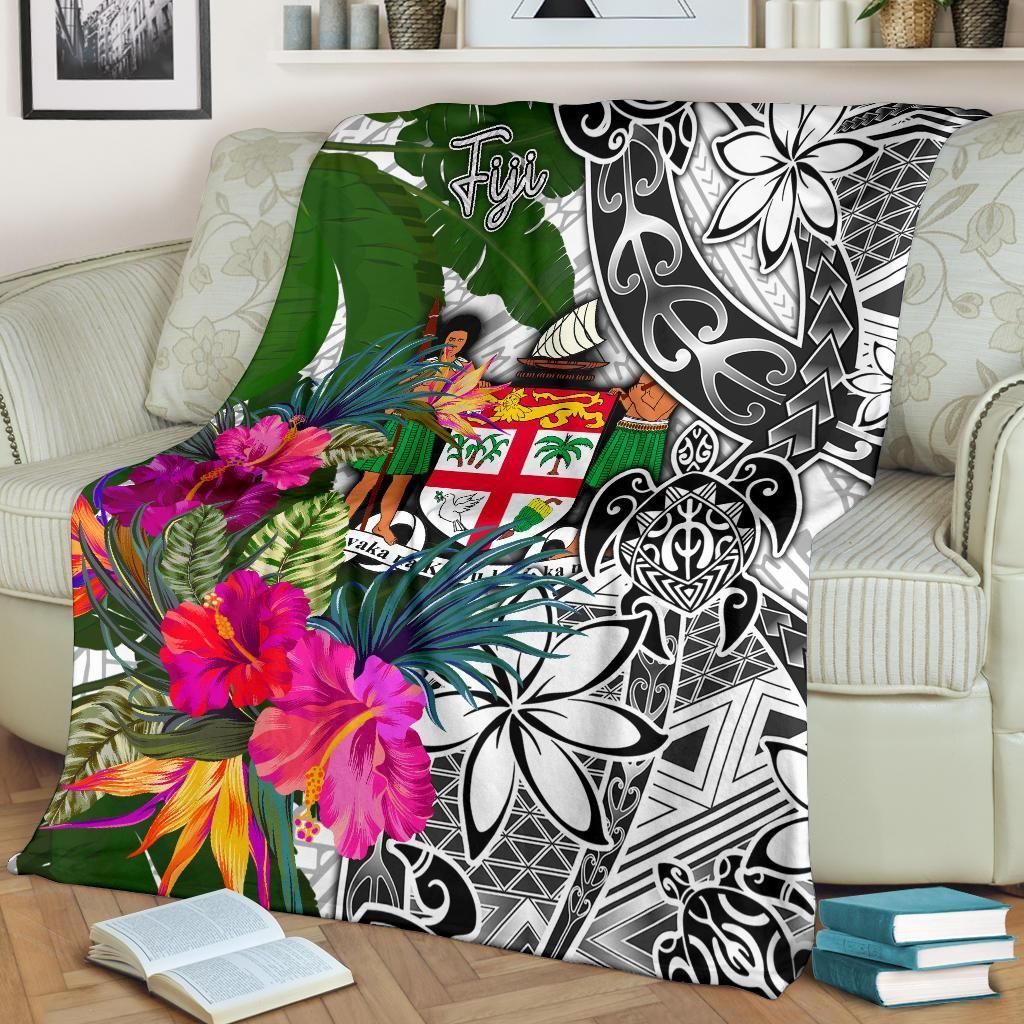 Fiji Premium Blanket White - Turtle Plumeria Banana Leaf Crest-Myprintsy