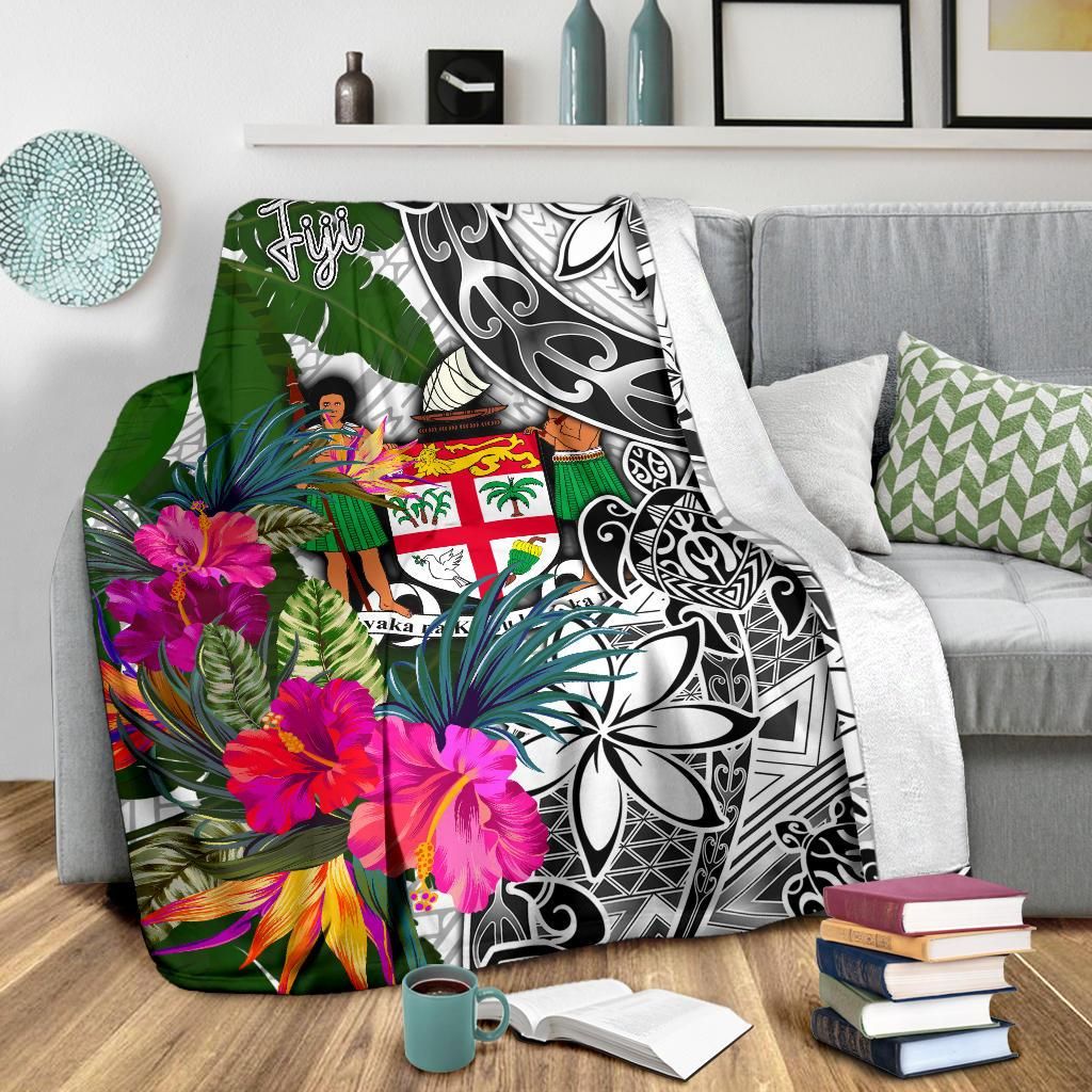 Fiji Premium Blanket White - Turtle Plumeria Banana Leaf Crest-Myprintsy