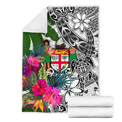 Fiji Premium Blanket White - Turtle Plumeria Banana Leaf Crest-Myprintsy