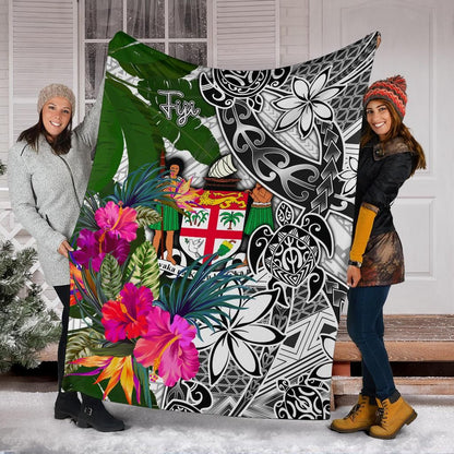Fiji Premium Blanket White - Turtle Plumeria Banana Leaf Crest-Myprintsy