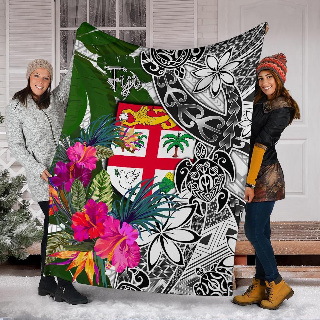 Fiji Premium Blanket White - Turtle Plumeria Banana Leaf-Myprintsy