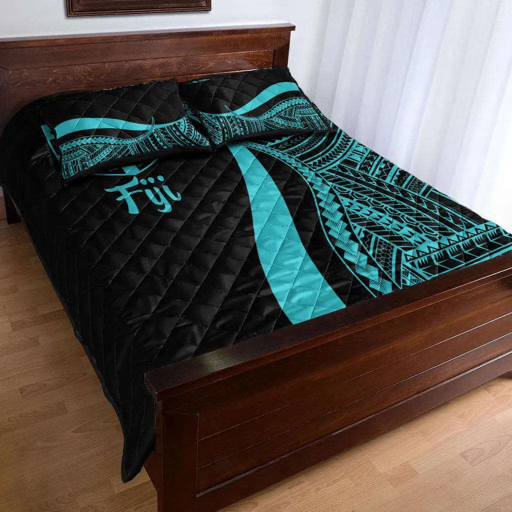 Fiji Quilt Bed Set - Turquoise Polynesian Tentacle Tribal Pattern-Myprintsy