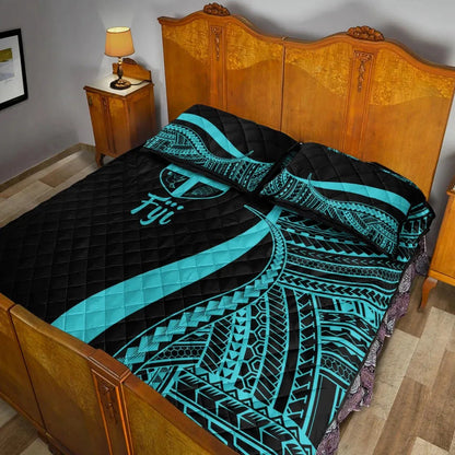 Fiji Quilt Bed Set - Turquoise Polynesian Tentacle Tribal Pattern-Myprintsy