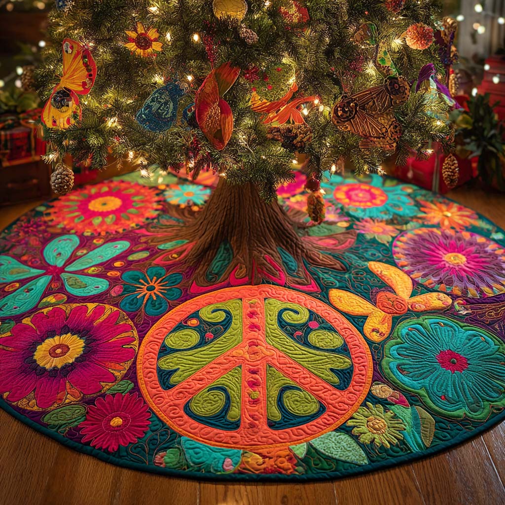 Flower Power Peace Tree Quilted Tree Skirt-Myprintsy