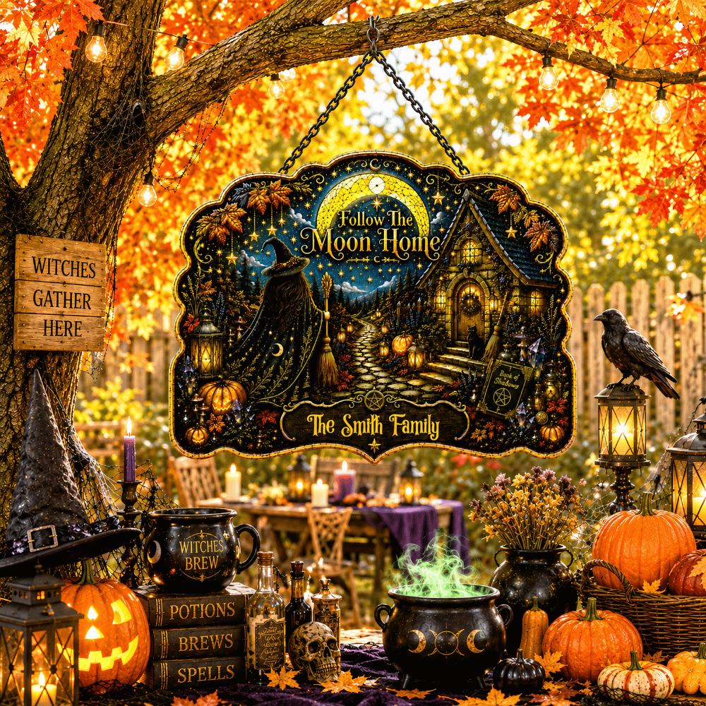 Follow The Moon Home - Personalized Witchcraft Custom Shaped Metal Sign-Myprintsy