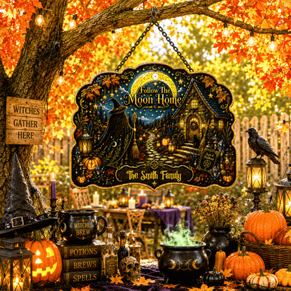 Follow The Moon Home - Personalized Witchcraft Custom Shaped Metal Sign-Myprintsy