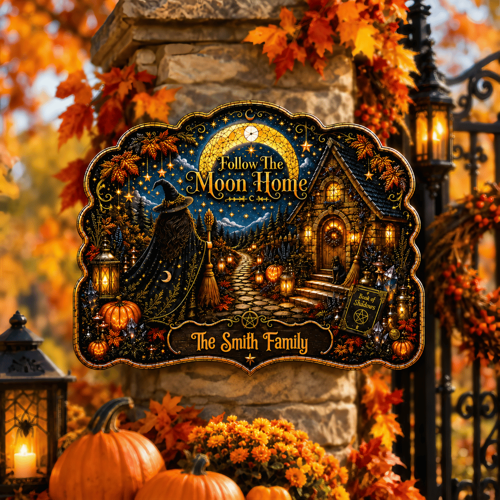 Follow The Moon Home - Personalized Witchcraft Custom Shaped Metal Sign-Myprintsy