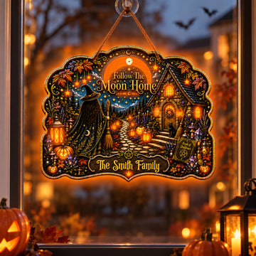 Follow The Moon Home - Personalized Witchcraft Luminous Wooden Sign-Myprintsy