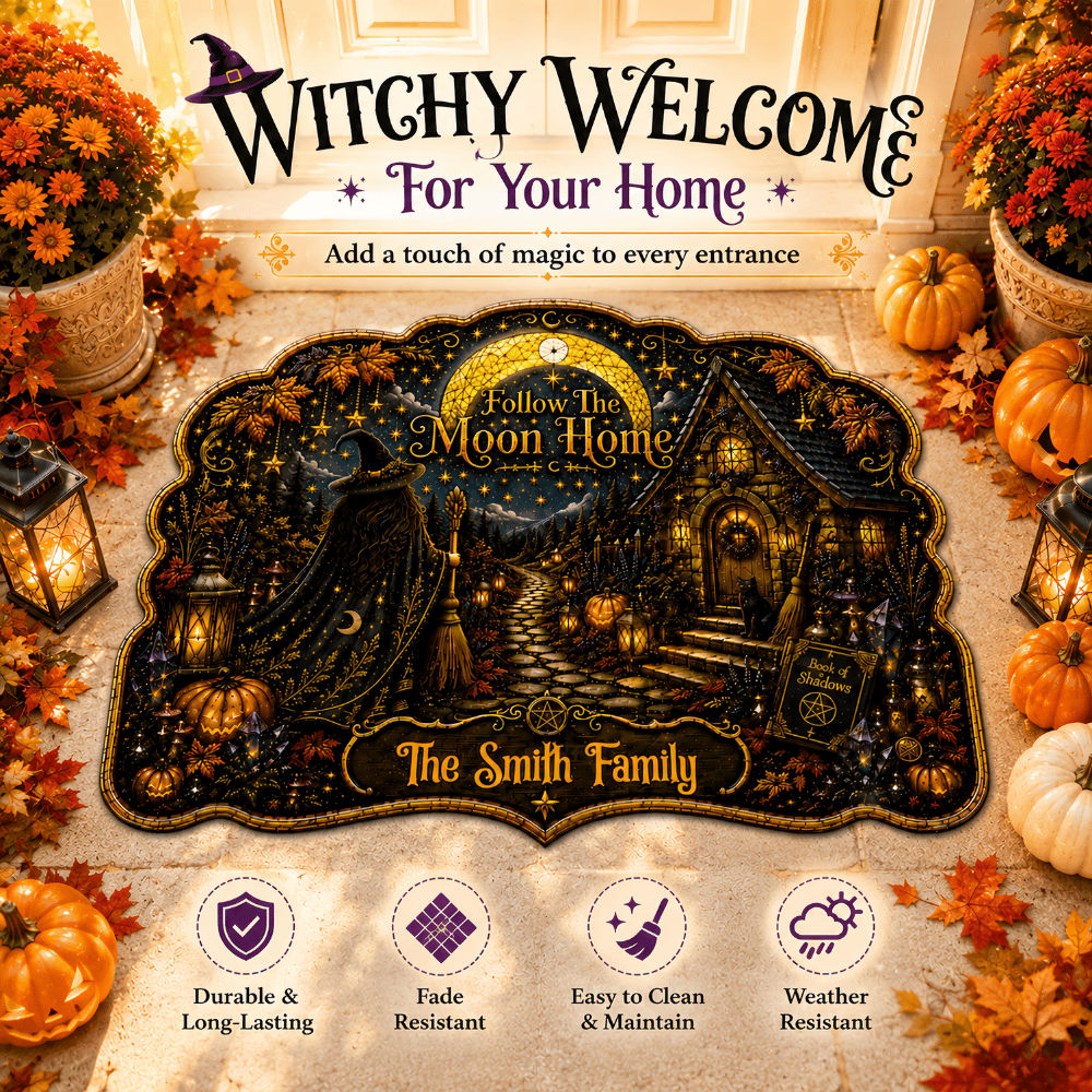 Follow The Moon Home - Personalized Witchcraft Shaped Luxurious Doormat-Myprintsy