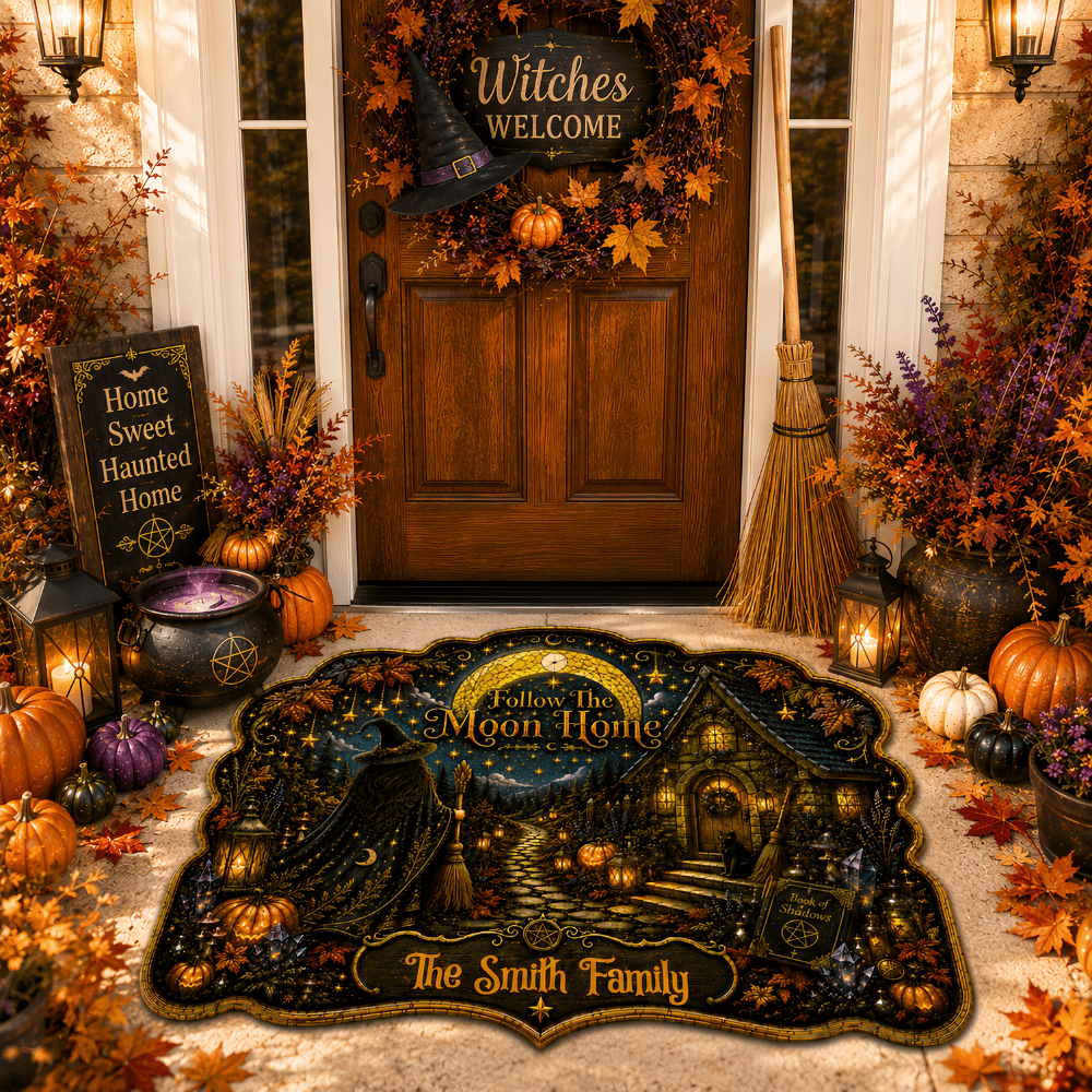 Follow The Moon Home - Personalized Witchcraft Shaped Luxurious Doormat-Myprintsy