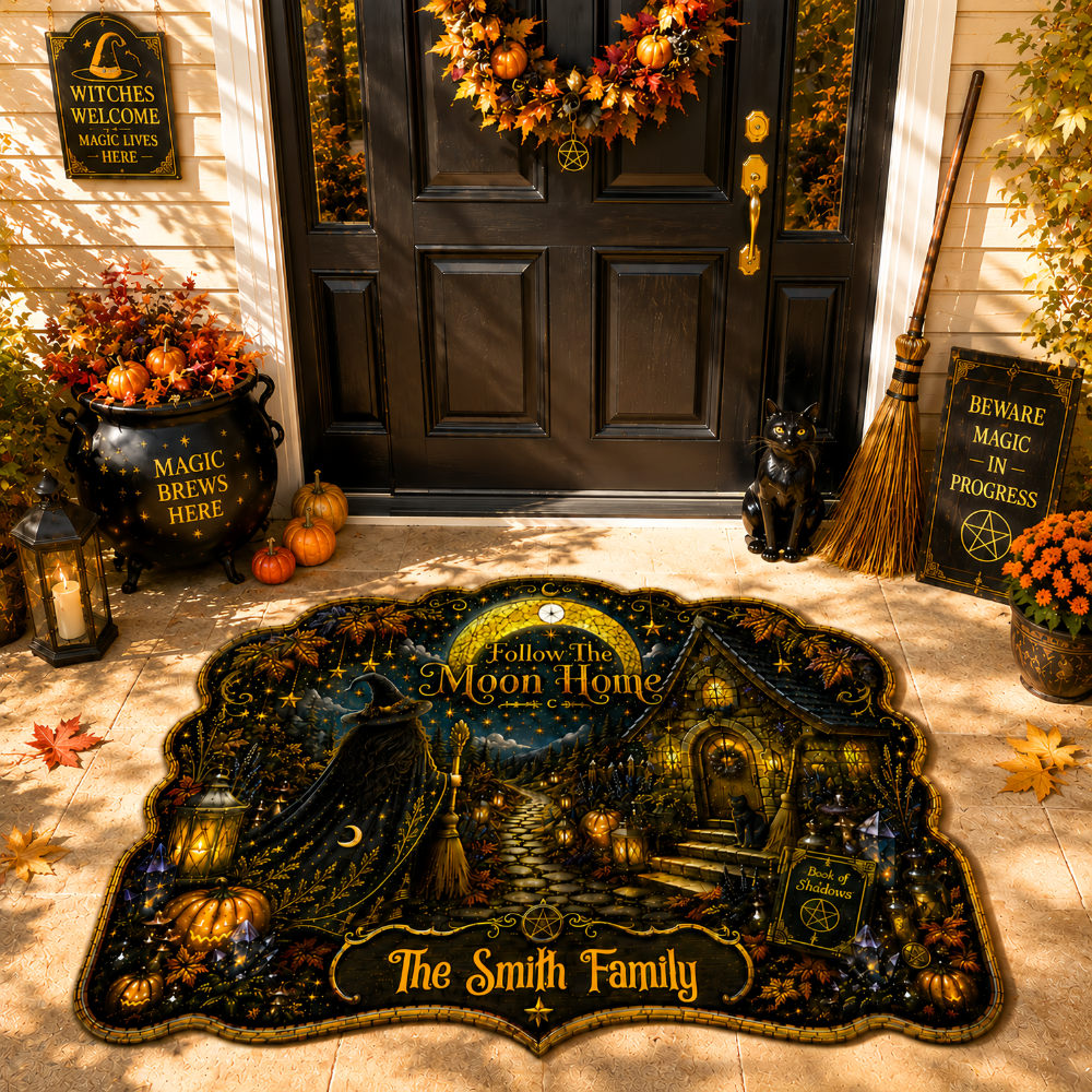 Follow The Moon Home - Personalized Witchcraft Shaped Luxurious Doormat-Myprintsy