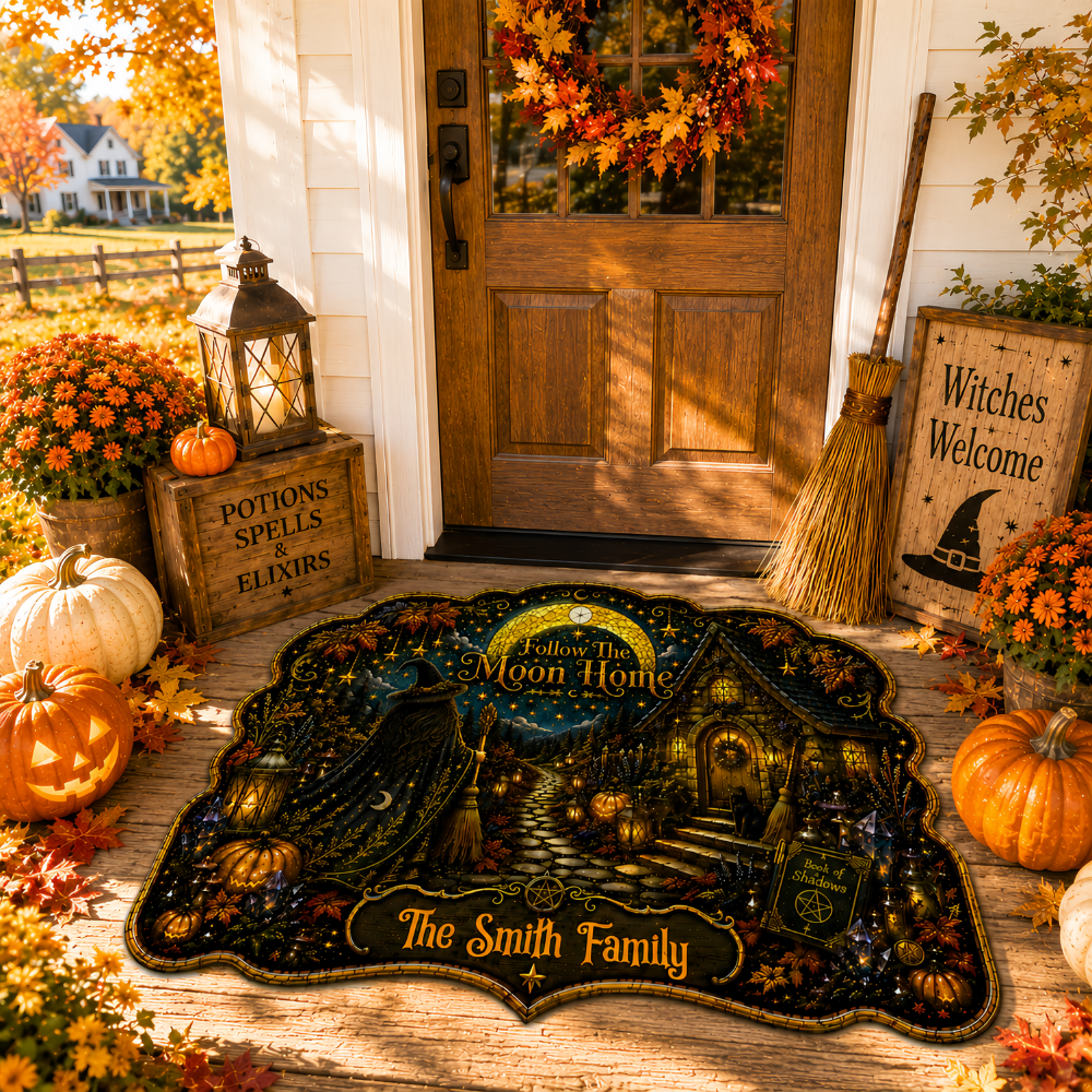 Follow The Moon Home - Personalized Witchcraft Shaped Luxurious Doormat-Myprintsy