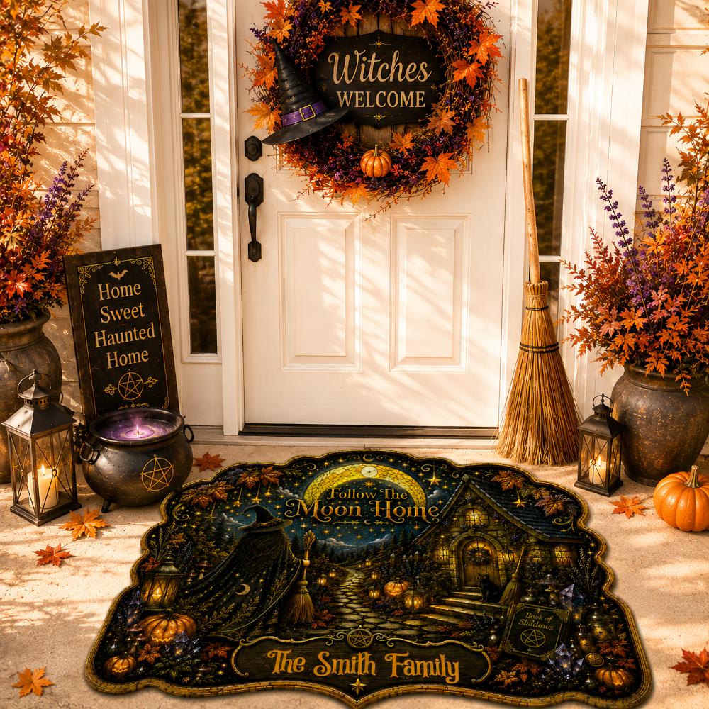 Follow The Moon Home - Personalized Witchcraft Shaped Luxurious Doormat-Myprintsy