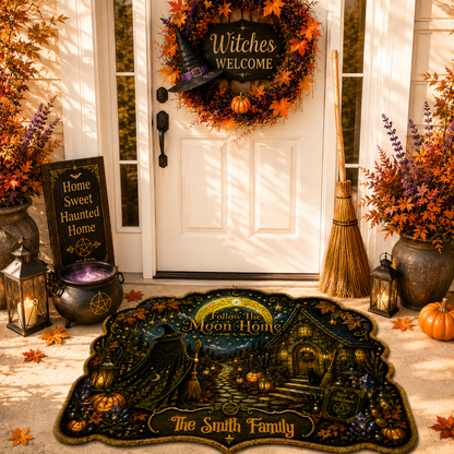 Follow The Moon Home - Personalized Witchcraft Shaped Luxurious Doormat-Myprintsy
