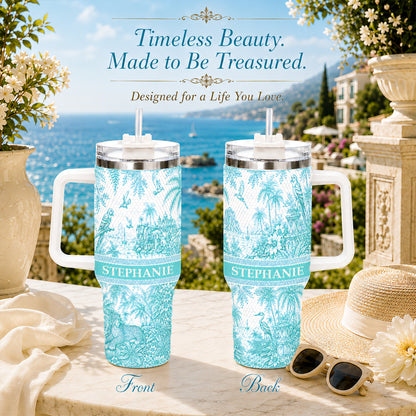 French Riviera Collection & Toile De Jouy Pattern Aquamarina - Personalized 40oz Tumbler With Straw-Myprintsy