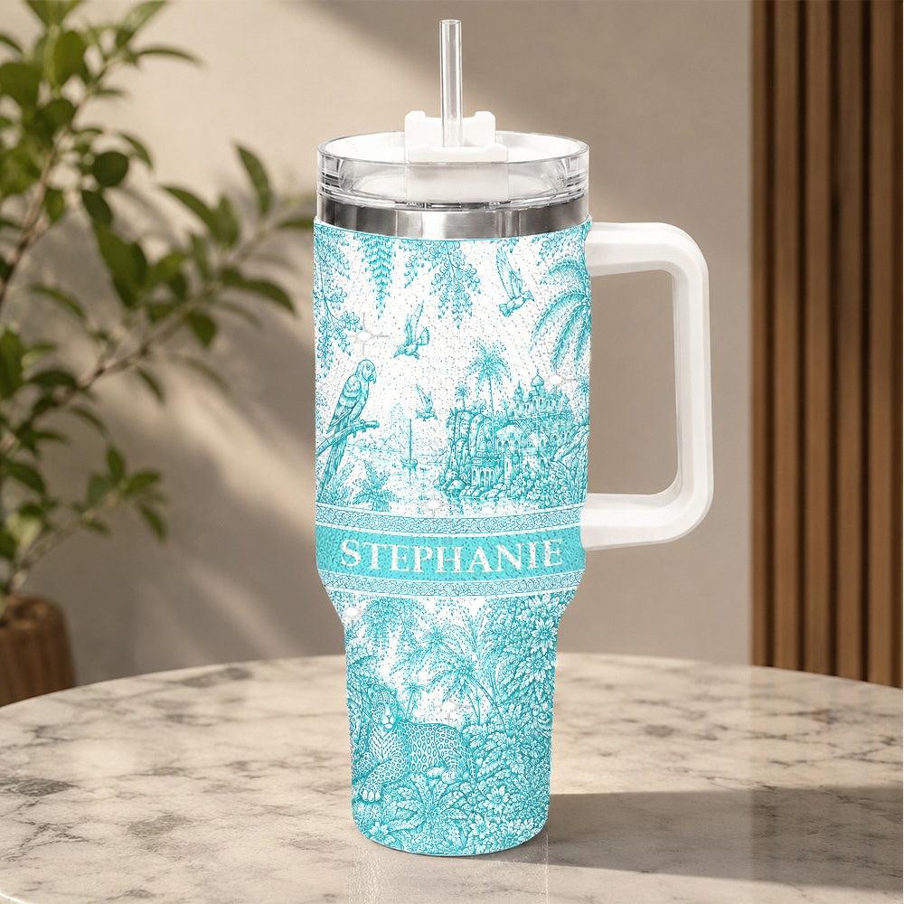 French Riviera Collection & Toile De Jouy Pattern Aquamarina - Personalized 40oz Tumbler With Straw-Myprintsy