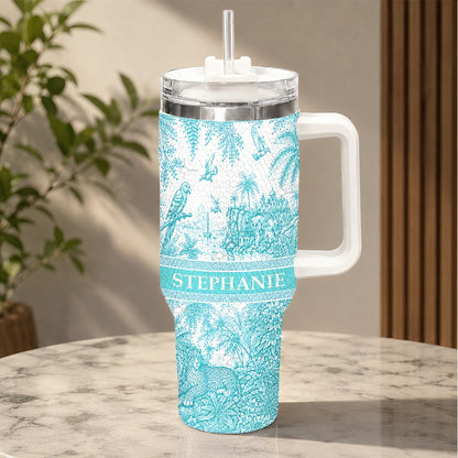 French Riviera Collection & Toile De Jouy Pattern Aquamarina - Personalized 40oz Tumbler With Straw-Myprintsy