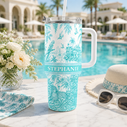 French Riviera Collection & Toile De Jouy Pattern Aquamarina - Personalized 40oz Tumbler With Straw-Myprintsy