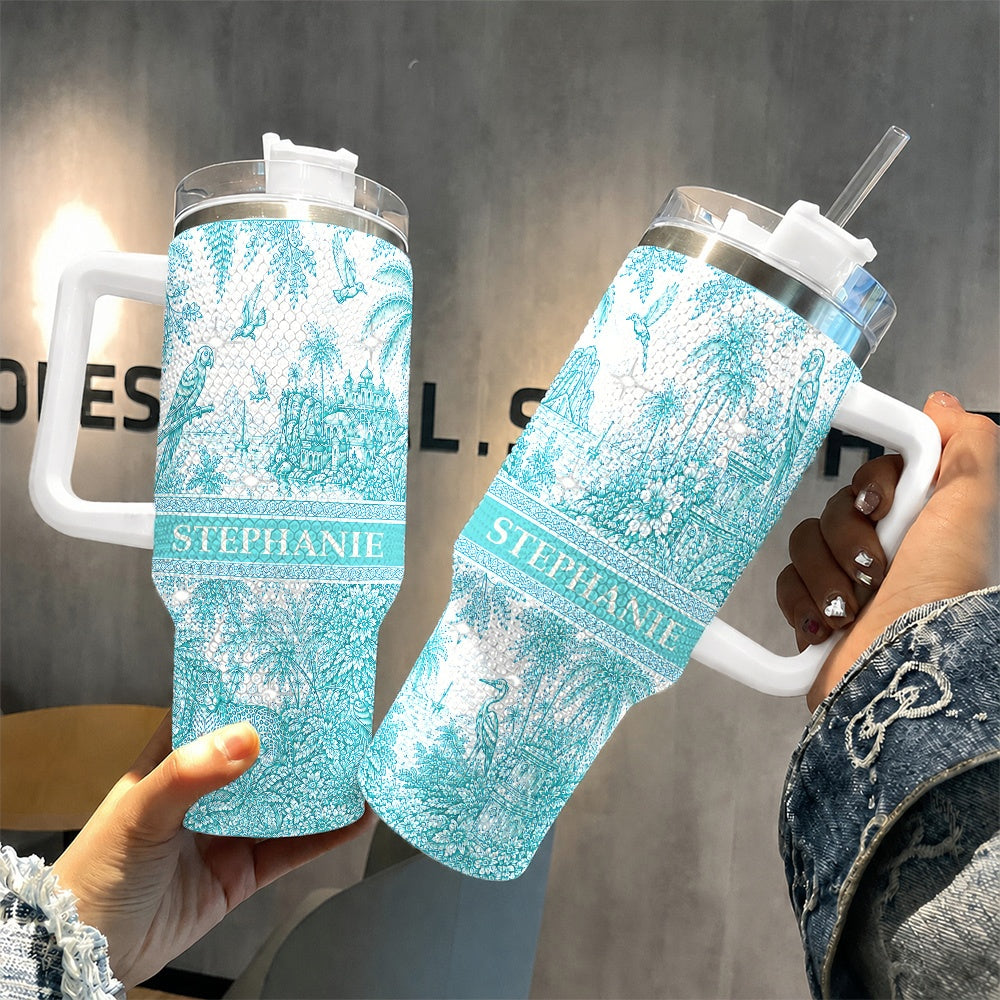 French Riviera Collection & Toile De Jouy Pattern Aquamarina - Personalized 40oz Tumbler With Straw-Myprintsy