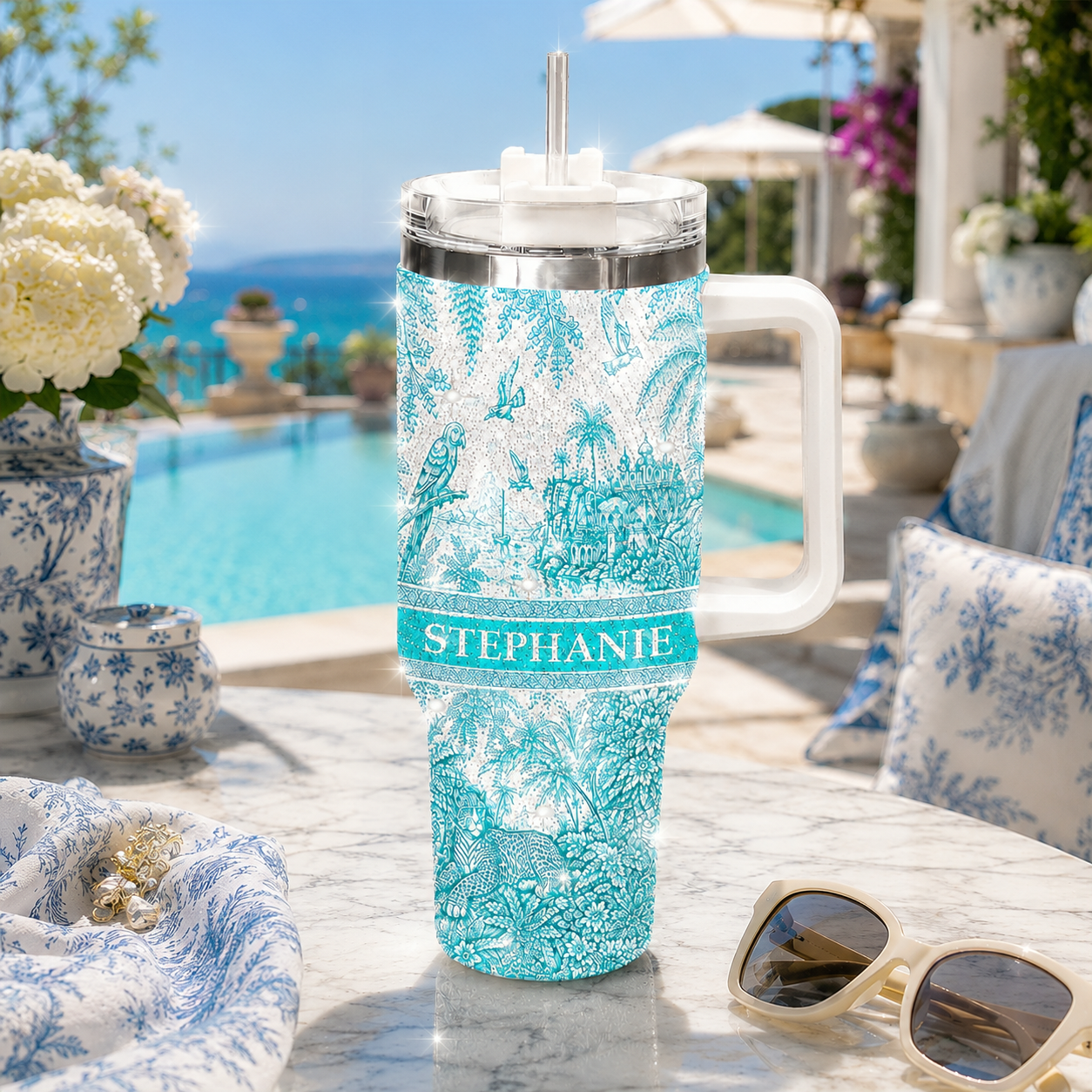 French Riviera Collection & Toile De Jouy Pattern Aquamarina - Personalized 40oz Tumbler With Straw-Myprintsy
