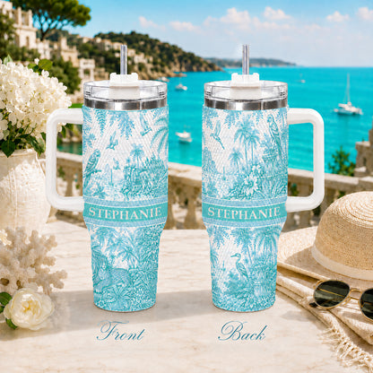 French Riviera Collection & Toile De Jouy Pattern Aquamarina - Personalized 40oz Tumbler With Straw-Myprintsy