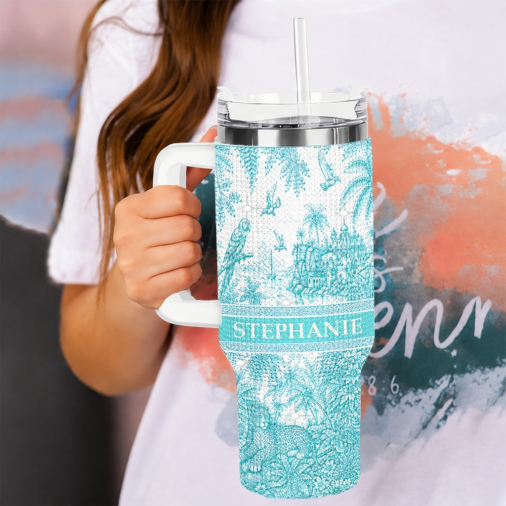 French Riviera Collection & Toile De Jouy Pattern Aquamarina - Personalized 40oz Tumbler With Straw-Myprintsy