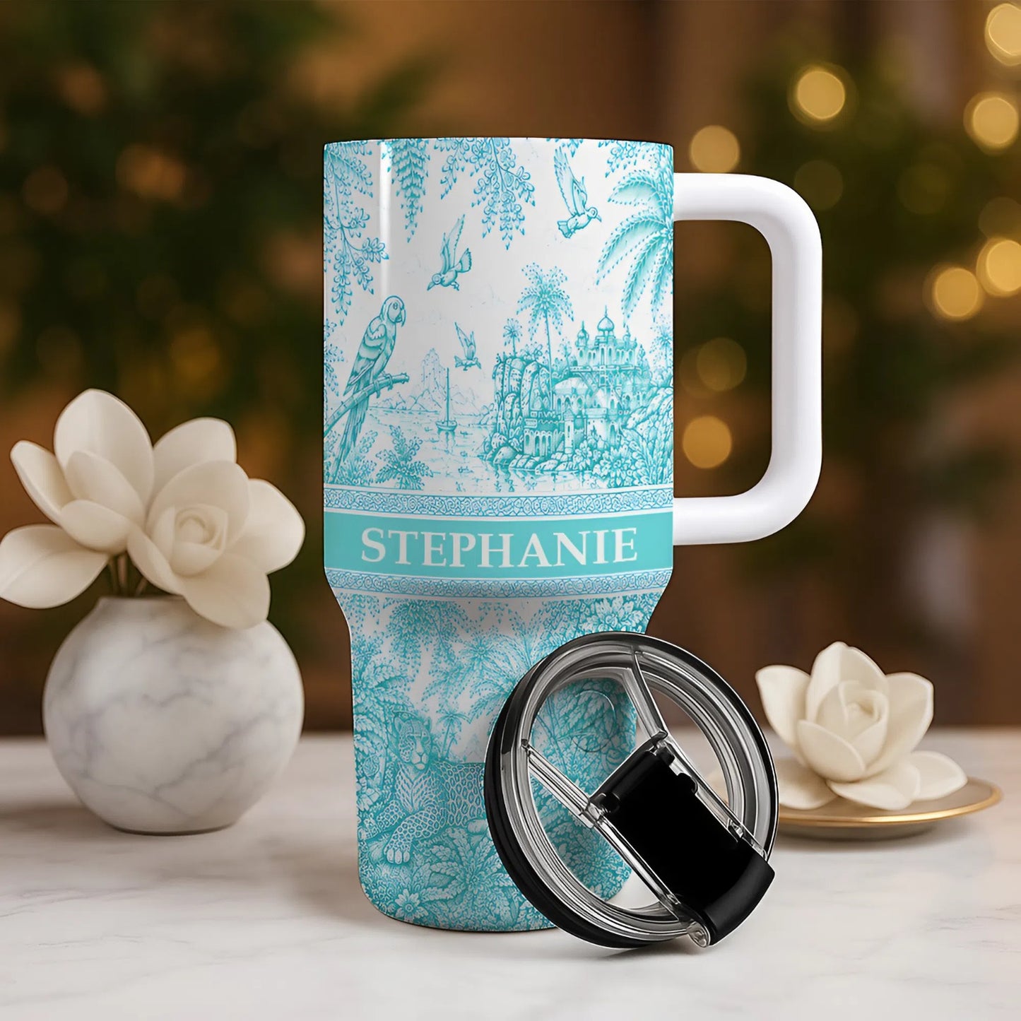 French Riviera Collection & Toile De Jouy Pattern Aquamarina - Personalized 40oz Tumbler With Straw-Myprintsy