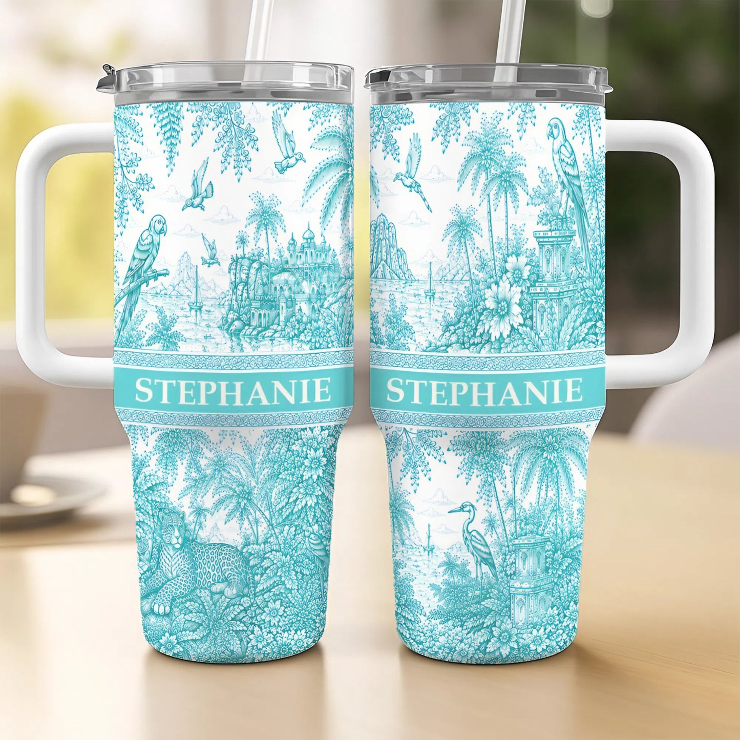 French Riviera Collection & Toile De Jouy Pattern Aquamarina - Personalized 40oz Tumbler With Straw-Myprintsy