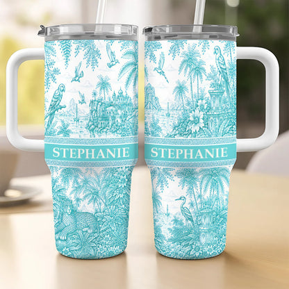 French Riviera Collection & Toile De Jouy Pattern Aquamarina - Personalized 40oz Tumbler With Straw-Myprintsy