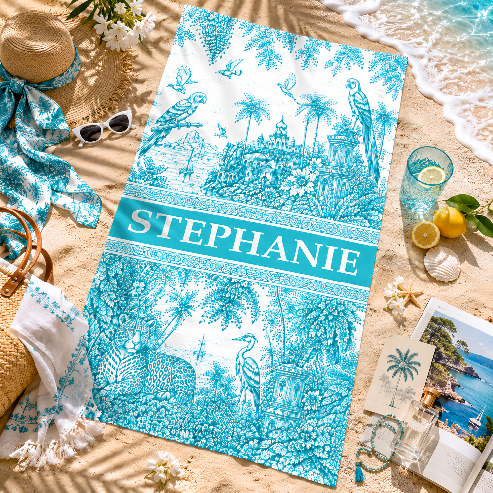 French Riviera Collection & Toile De Jouy Pattern Aquamarina - Personalized Beach Towel-Myprintsy