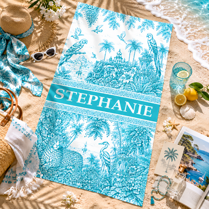 French Riviera Collection & Toile De Jouy Pattern Aquamarina - Personalized Beach Towel-Myprintsy