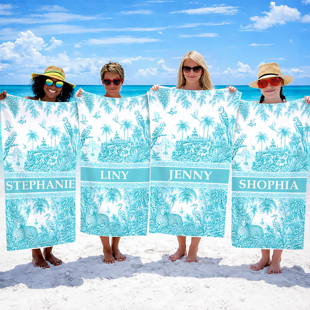 French Riviera Collection & Toile De Jouy Pattern Aquamarina - Personalized Beach Towel-Myprintsy