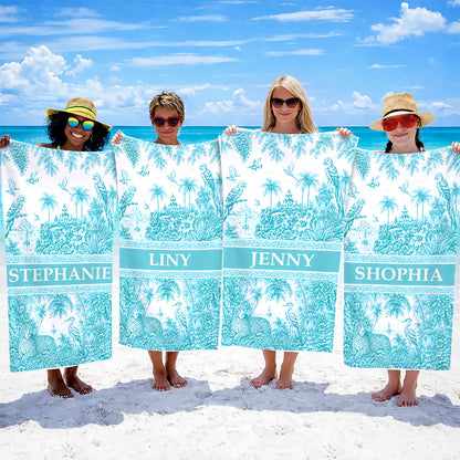 French Riviera Collection & Toile De Jouy Pattern Aquamarina - Personalized Beach Towel-Myprintsy
