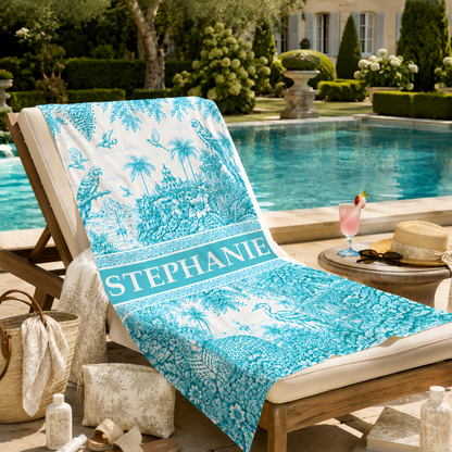 French Riviera Collection & Toile De Jouy Pattern Aquamarina - Personalized Beach Towel-Myprintsy