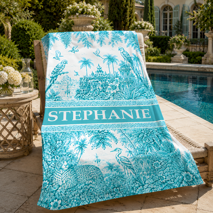 French Riviera Collection & Toile De Jouy Pattern Aquamarina - Personalized Beach Towel-Myprintsy