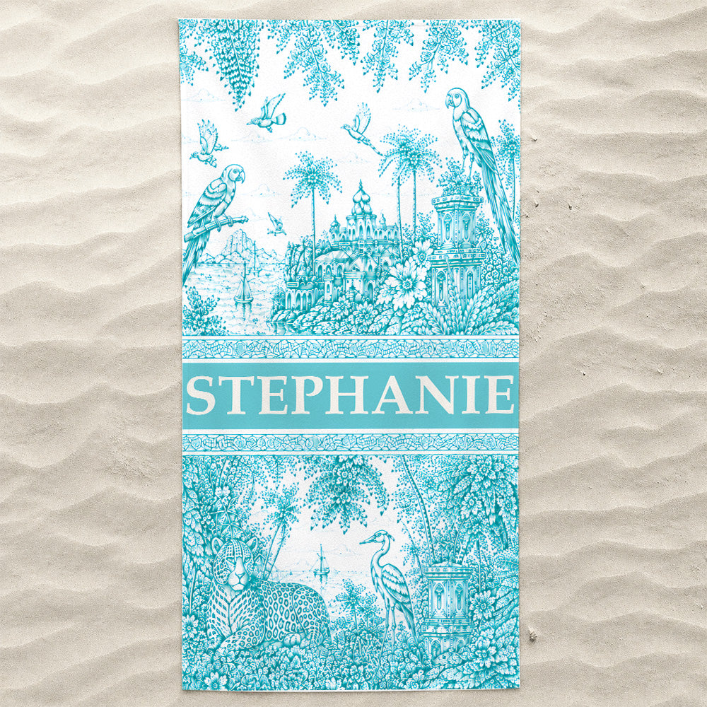 French Riviera Collection & Toile De Jouy Pattern Aquamarina - Personalized Beach Towel-Myprintsy