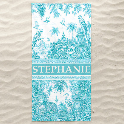 French Riviera Collection & Toile De Jouy Pattern Aquamarina - Personalized Beach Towel-Myprintsy